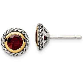 Solid 925 Sterling Silver 14k Yellow Gold Accent Garnet Post Studs Earrings in Saudi Arabia