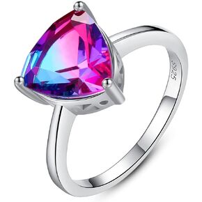 925 Sterling Silver Simulated Rainbow Topaz Ring for Women, Triangle Trilliant Cut Nano Blue Purple Gemstone Solitaire Eternity Engagement Band Fine Jewelry with Gift Box