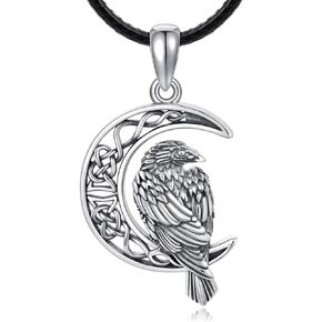 JUSTKIDSTOY Viking Raven Necklace 925 Sterling Silver Celtic Moon Crow Raven Pendant Necklace Wiccan Jewelry Gifts for Women Men