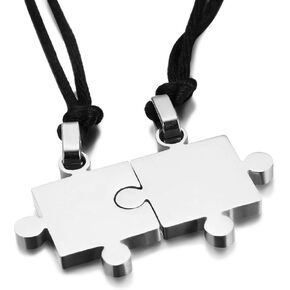 Men Women's 2 PCS Stainless Steel Pendant Necklace Jigsaw Puzzle Love Couple Adjustable 22~24 Inch Chain