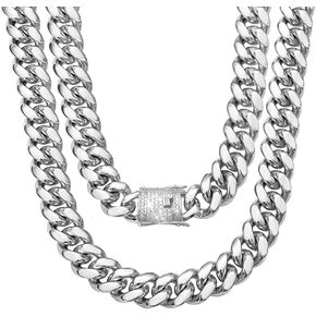 WinTrend Cuban Link Chain Necklace or Bracelet with Bling Bling Cubic Zirconia Iced-Out Clasp for Men Boys 12mm Silver Stainless Steel Hip Hop Miami Curb Chains 7.5-30 inch