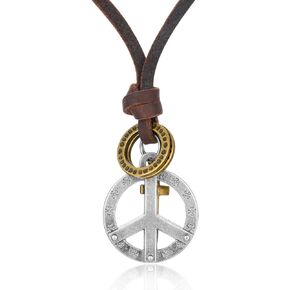 Vintage Anti-war Peace Sign Pendant Necklace, Adjustable Brown Leather, Mens Womens, Tribal Ethnic