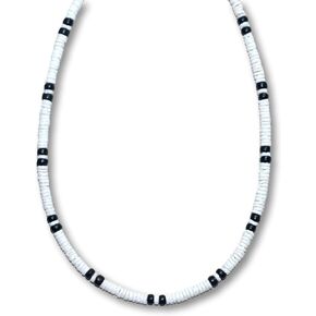 Native Treasure Mens and Womens Summer Beach Surfer Necklace From the Philippines, Smooth White Clam Heishe Ark Shells and Black Coconut Beads