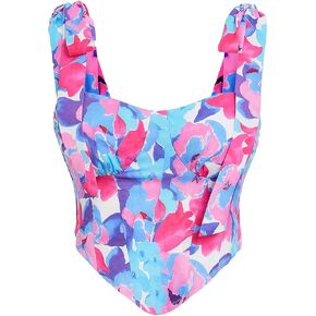 MakeMeChic Women's Boho Floral Bustier Camisole Sleeveless Tie Shoulder Ruffle Crop Tank Top