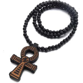 Caiyao Multicolor 8MM Wooden Bead Chain Necklace Male Cross African Hip-hop Africa Map Pendant Necklace for Men Women Natural Wood Jewelry
