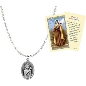 St Therese Of Lisieux Medal-St Therese Medal with 18 Inch Chain and St Therese Lisieux Prayer Card | Fashionable St Teresa Of Lisieux Medal Set for Baptism, Confirmation, First Communion | 2 Items