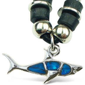 Aqua79 Blue and Silver Shark Necklace - Shark Jewelry Bohemian Pendant Necklace For Women and Men, Zinc Alloy and Natural New Zealand Abalone Jewelry Paua Shell - 18 Inches Long