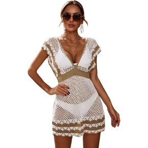 GORGLITTER Women's Crochet Hollow Out Cover Up Dress V Neck Cap Sleeve Beach Coverups Swimsuit
