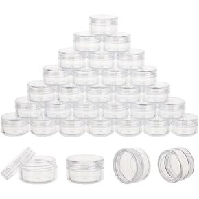 50 Count 5 Gram Sample Containers, Clear Lip Balm Containers with Lids, Small Plastic Sample Jars with 4 Mini Spoons, 50pcs Labels (Clear Lid)