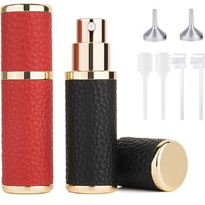 2Pcs Perfume Atomizer Bottle (5ML),Mini Refillable Empty Cologne Spray Bottle With Luxury Leather Case,for Travel Out Side Work Women and Men (Black+Red)