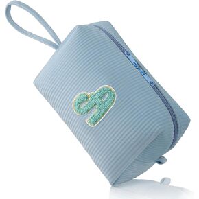 Personalized Makeup Bag for Women, FUZVOL Small Initial Cosmetic Bag, Soft Corduroy Make Up Bag, Cute Preppy Personalized Gifts, Travel Toiletry Bag, Monogrammed Bridesmaid Makeup Pouch, Blue Letter S