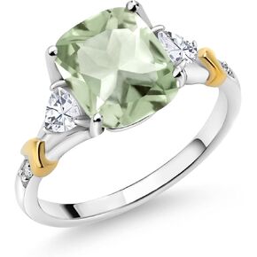 Gem Stone King 925 Silver and 10K Yellow Gold Green Prasiolite White Moissanite and Diamond Women Ring (2.93 Cttw, Cushion 10X8MM, Available In Size 5, 6, 7, 8, 9)