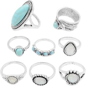 8 Pcs Bohemian Joint Knuckle Rings Set for Women,Oval Turquoise Finger Ring Opal Gemstone Teardrop Midi, Punk Leaf Index Ring Party Daily Gift