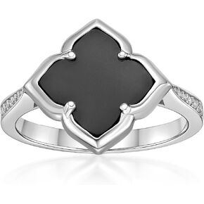 Lavari Jewelers Black Onyx, Malachite or Mother of Pearl Four Petal Flower Ring for Women in 925 Sterling Silver and Yellow Gold Plating with Cubic Zirconia Size 6 to 8