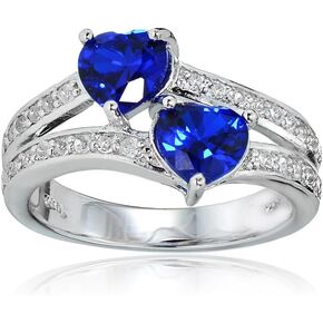 Sterling Silver Created Blue Sapphire and White Topaz Double Heart Friendship Ring
