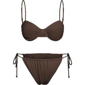 ZAFUL Women's Sexy Underwire Bikini Set High Cut Smocked Swimwear Crochet Tie Sides Push Up Swimsuit