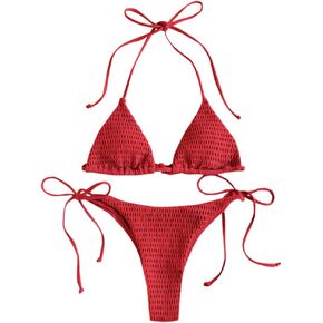 ZAFUL Women's Smocked Triangle Bikini Set Halter String Textured Swimwear Cheeky Thong Two Piece Swimsuits