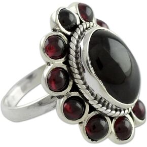 NOVICA Artisan Handmade Garnet Cocktail Ring Floral Jewelry .925 Sterling Silver Red India Bollywood Birthstone 'Scarlet Petals'