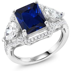 Gem Stone King 925 Sterling Silver Blue Created Sapphire Ring For Women (4.79 Cttw, Emerald Cut 10X8MM, Gemstone September Birthstone, Available In Size 5, 6, 7, 8, 9)