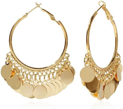 Fashion Round Disc Dangle Big Hoop Earrings Tassel Drop Large Huggie Hoops Statement Earring Boho 14K Gold Plated Jewelry Gifts for Women Girls in Saudi Arabia