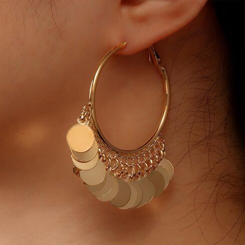 Fashion Round Disc Dangle Big Hoop Earrings Tassel Drop Large Huggie Hoops Statement Earring Boho 14K Gold Plated Jewelry Gifts for Women Girls in Saudi Arabia