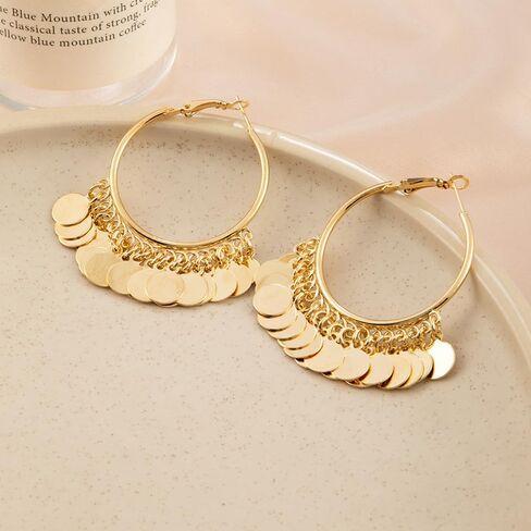 Fashion Round Disc Dangle Big Hoop Earrings Tassel Drop Large Huggie Hoops Statement Earring Boho 14K Gold Plated Jewelry Gifts for Women Girls in Saudi Arabia