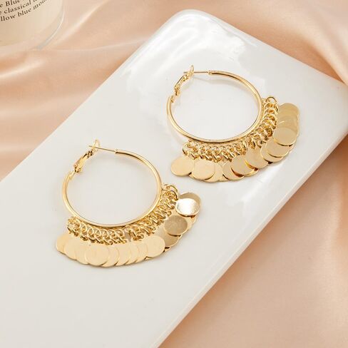 Fashion Round Disc Dangle Big Hoop Earrings Tassel Drop Large Huggie Hoops Statement Earring Boho 14K Gold Plated Jewelry Gifts for Women Girls in Saudi Arabia
