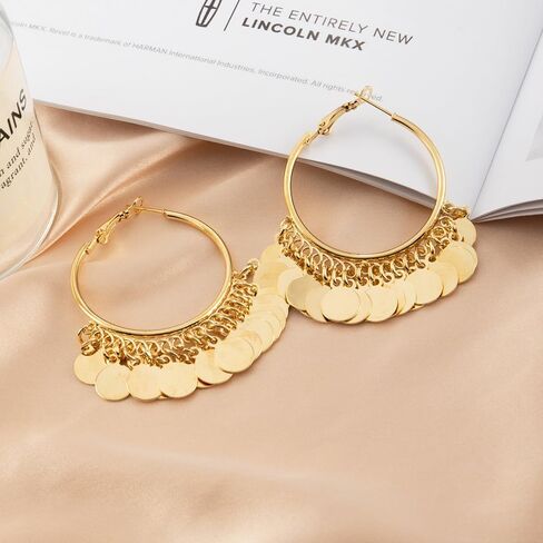Fashion Round Disc Dangle Big Hoop Earrings Tassel Drop Large Huggie Hoops Statement Earring Boho 14K Gold Plated Jewelry Gifts for Women Girls in Saudi Arabia