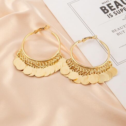 Fashion Round Disc Dangle Big Hoop Earrings Tassel Drop Large Huggie Hoops Statement Earring Boho 14K Gold Plated Jewelry Gifts for Women Girls in Saudi Arabia