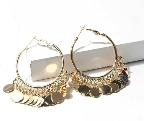 Fashion Round Disc Dangle Big Hoop Earrings Tassel Drop Large Huggie Hoops Statement Earring Boho 14K Gold Plated Jewelry Gifts for Women Girls in Saudi Arabia