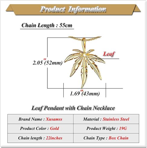 Xusamss Punk Rock Stainless Steel Leaf Pendant Charm Necklace,22inches Box Chain in Saudi Arabia