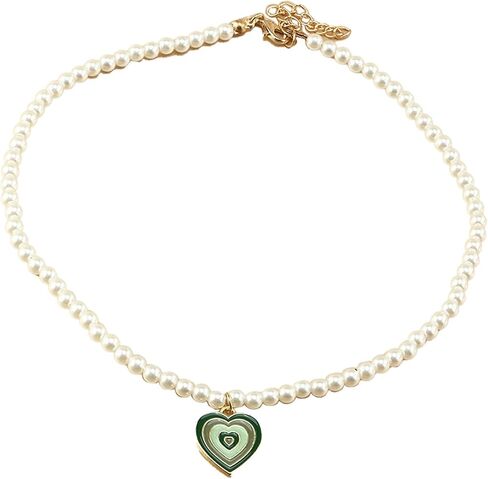 Retro Enamel Gradient Color Heart-shaped Pendant Necklace Colorful Faux Pearl Beaded Chain Love Heart Necklace for Women Girl Teen Adjustable Vintage Valentine's Day Jewelry Gift in Saudi Arabia