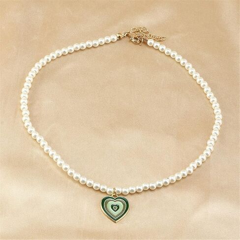 Retro Enamel Gradient Color Heart-shaped Pendant Necklace Colorful Faux Pearl Beaded Chain Love Heart Necklace for Women Girl Teen Adjustable Vintage Valentine's Day Jewelry Gift in Saudi Arabia