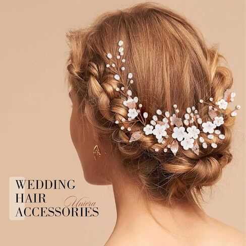 Unicra Silver Bride Wedding Hair Vine Flower Bridal Hair Piece Pearl Hair Accessories Leaf Headpieces Jewelry for Women and Girls (12.5 Inches) (Silver) in Saudi Arabia