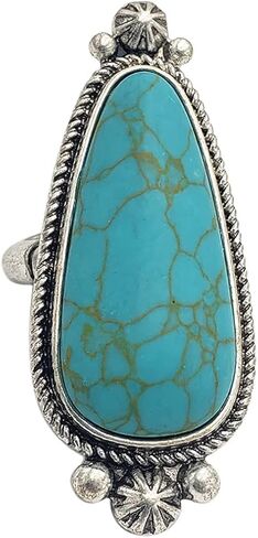 Rosemarie & Jubalee Women's Colorful Western Style Semi Precious Howlite Stone Silver Tone Squash Blossom Frame Adjustable Stretch Ring, 2" in Saudi Arabia