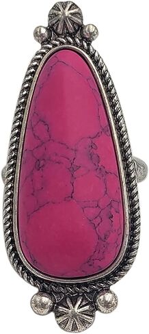 Rosemarie & Jubalee Women's Colorful Western Style Semi Precious Howlite Stone Silver Tone Squash Blossom Frame Adjustable Stretch Ring, 2" in Saudi Arabia