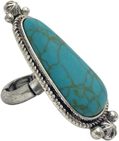 Rosemarie & Jubalee Women's Colorful Western Style Semi Precious Howlite Stone Silver Tone Squash Blossom Frame Adjustable Stretch Ring, 2" in Saudi Arabia