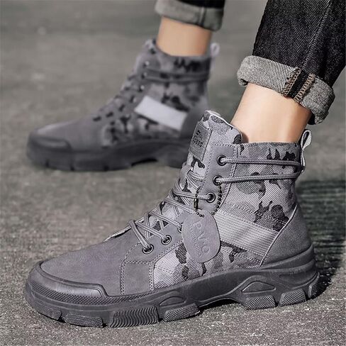 Men's Fashion Boots Mid Top Hiking Shoes for Men Canvas Combat Boots Tactical Shoes for Casual Work Outdoor Camouflage Grey Size 8.5 in Kuwait
