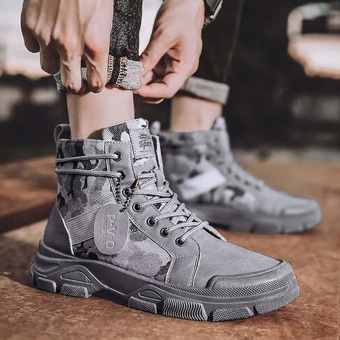 Men's Fashion Boots Mid Top Hiking Shoes for Men Canvas Combat Boots Tactical Shoes for Casual Work Outdoor Camouflage Grey Size 8.5 in Kuwait