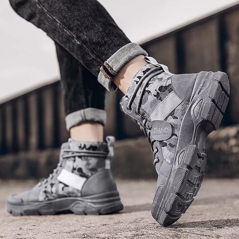 Men's Fashion Boots Mid Top Hiking Shoes for Men Canvas Combat Boots Tactical Shoes for Casual Work Outdoor Camouflage Grey Size 8.5 in Kuwait