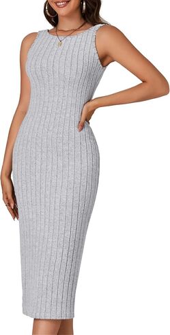 Rooscier Women's Sleeveless Round Neck Ribbed Knit Backless Bodycon Long Dress in Saudi Arabia
