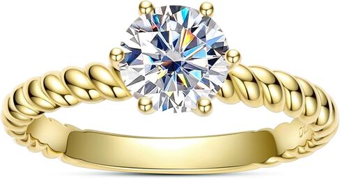 Moissanite Engagement Ring D Color VVS1 Clarity Round Brilliant Cut S925 Sterling Silver 1CT 6 Prong Twisted Rope Solitaire Promise Anniversary Ring for Women with Certificate, Yellow Gold Color in Kuwait