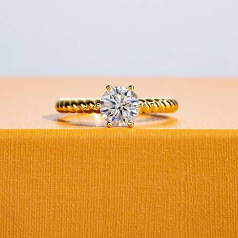 Moissanite Engagement Ring D Color VVS1 Clarity Round Brilliant Cut S925 Sterling Silver 1CT 6 Prong Twisted Rope Solitaire Promise Anniversary Ring for Women with Certificate, Yellow Gold Color in Kuwait