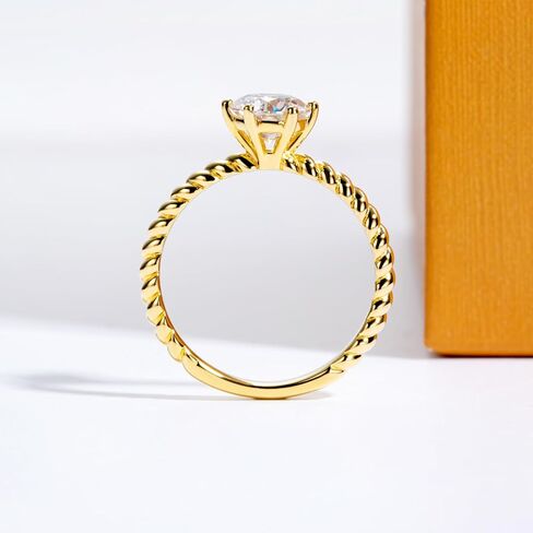Moissanite Engagement Ring D Color VVS1 Clarity Round Brilliant Cut S925 Sterling Silver 1CT 6 Prong Twisted Rope Solitaire Promise Anniversary Ring for Women with Certificate, Yellow Gold Color in Kuwait