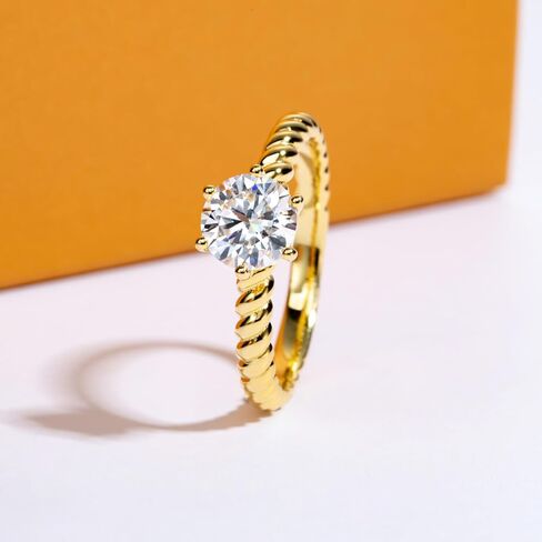 Moissanite Engagement Ring D Color VVS1 Clarity Round Brilliant Cut S925 Sterling Silver 1CT 6 Prong Twisted Rope Solitaire Promise Anniversary Ring for Women with Certificate, Yellow Gold Color in Kuwait