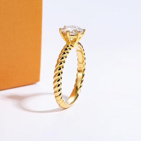 Moissanite Engagement Ring D Color VVS1 Clarity Round Brilliant Cut S925 Sterling Silver 1CT 6 Prong Twisted Rope Solitaire Promise Anniversary Ring for Women with Certificate, Yellow Gold Color in Kuwait