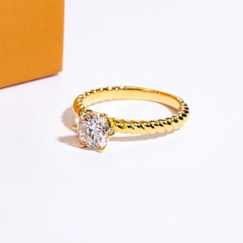 Moissanite Engagement Ring D Color VVS1 Clarity Round Brilliant Cut S925 Sterling Silver 1CT 6 Prong Twisted Rope Solitaire Promise Anniversary Ring for Women with Certificate, Yellow Gold Color in Kuwait