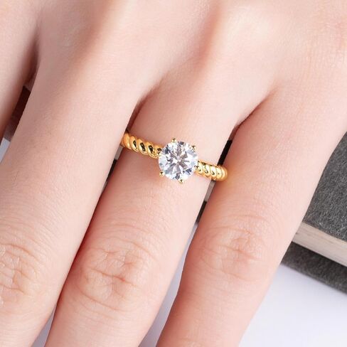 Moissanite Engagement Ring D Color VVS1 Clarity Round Brilliant Cut S925 Sterling Silver 1CT 6 Prong Twisted Rope Solitaire Promise Anniversary Ring for Women with Certificate, Yellow Gold Color in Kuwait