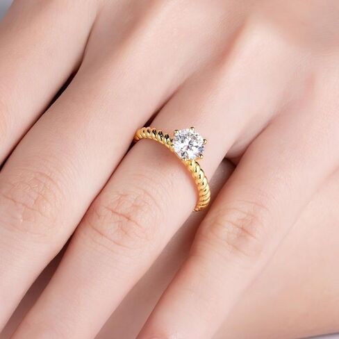 Moissanite Engagement Ring D Color VVS1 Clarity Round Brilliant Cut S925 Sterling Silver 1CT 6 Prong Twisted Rope Solitaire Promise Anniversary Ring for Women with Certificate, Yellow Gold Color in Kuwait