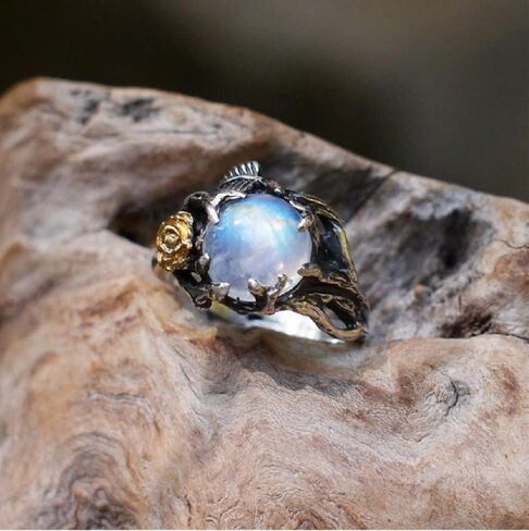 Hsitgexf Unique Vintage Flowering Twig Rainbow Moonstone Engagement Ring for Women,Victorian Style Solitaire Ring Thai Silver Jewelry (US Size 9) in Saudi Arabia